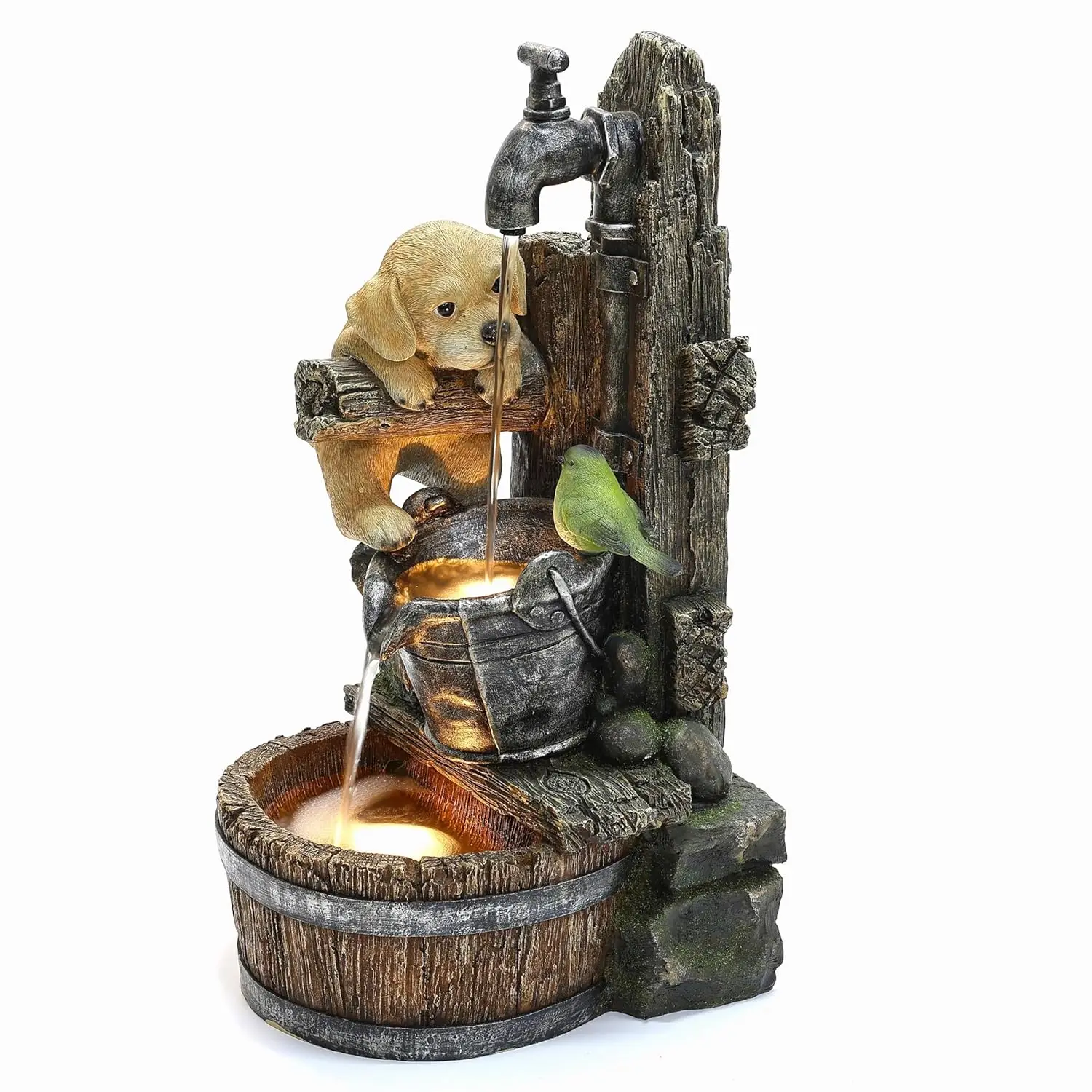 

LuxenHome Water Fountain Outdoor, 25" Whimsical Puppy Dog Resin Outdoor Water Fountain with LED Lights, Decorative, Customized