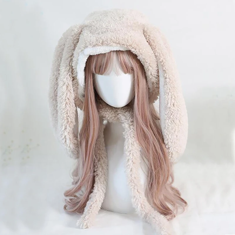 Japanese Loppy Bunny Eared Rabbit Cap Lolita Girl Earmuffs Cap Sweet Cute Rabbit Ears Plush Warm Winter Fleece Hats