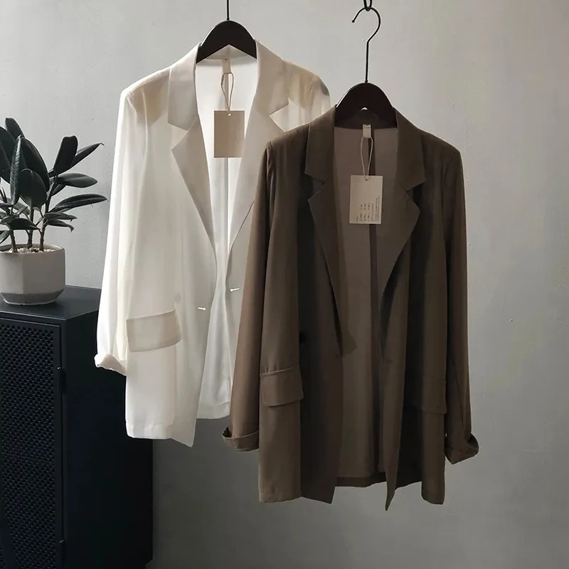 Summer Chiffon Thin blazers Women Korean Loose Lapel Sun Protection Suit Jacket Y2K Fashion Elegant Office Lady Casual Tops