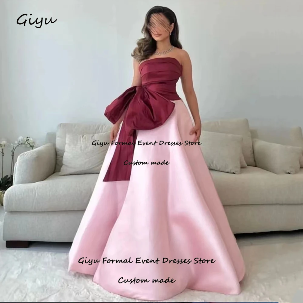 Giyu Princess Elegant Rose Prom Gowns Strapless Big Bow Floor Length A-Line Sleeveless Evening Dress Wedding Party Dress