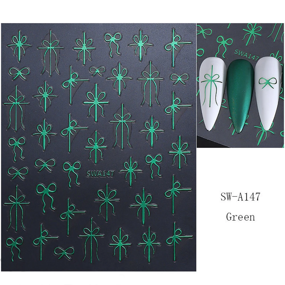 3 أوراق هدية الانحناء ملصقات الأظافر معدنية الذهب الأخضر الأحمر تصميم الشريط البسيط DIY بها بنفسك سحر السنة الجديدة عطلة المتزلجون مانيكير الشارات #3