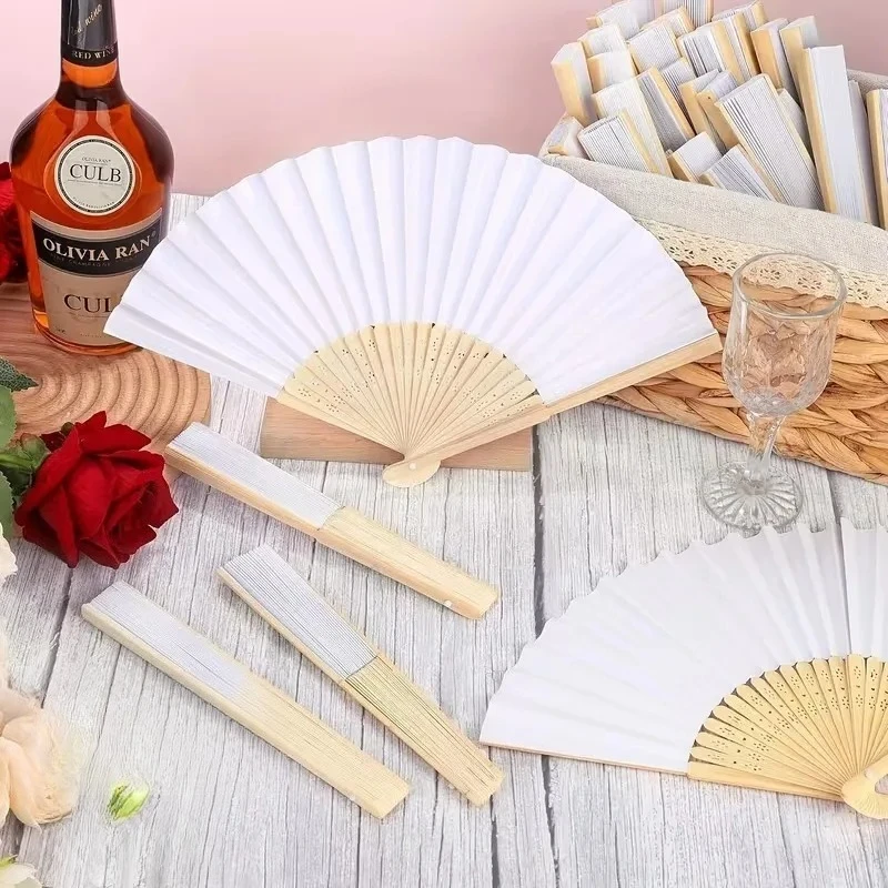 10-40PCS Bamboo Handle White Folding Hand Fan Natural Wood DIY Decoration for Wedding Reception Birthday Party Supplies