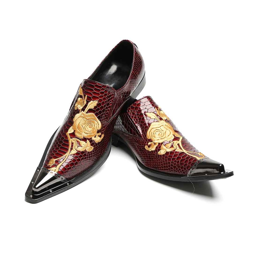 Schwarze Herren-Kleiderschuhe aus Leder mit goldener Blumenstickerei | Schlange – Hautstruktur und spitzes Zehen-Design – Detail 19