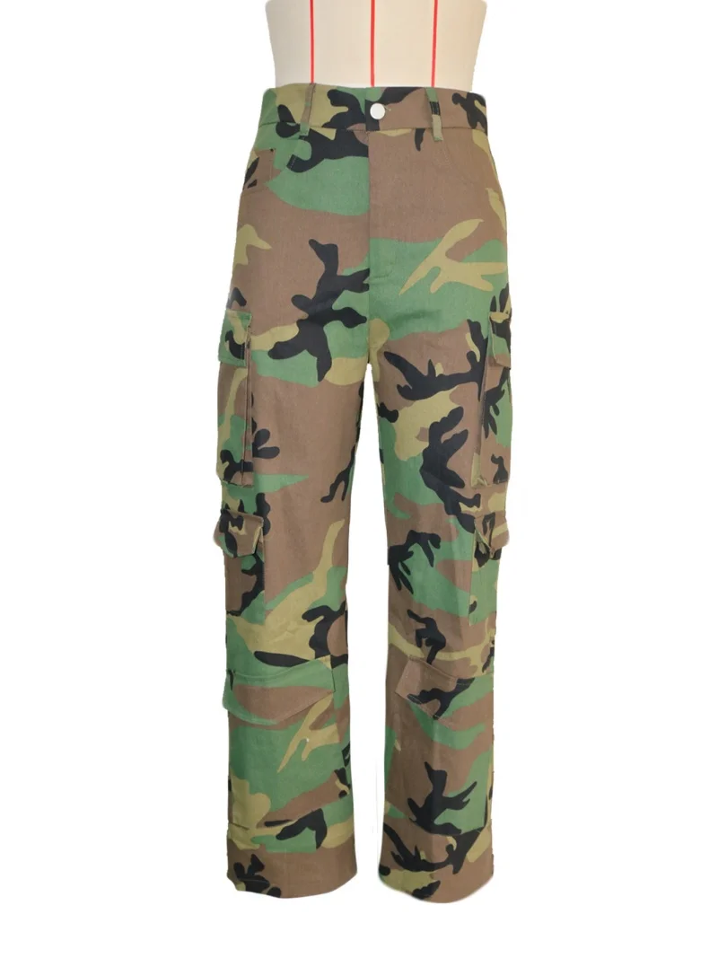 الشارع الشهير السراويل البضائع المموه الخريف ملابس النساء عالية الخصر جيوب متعددة السراويل المستقيمة موضة كامو طباعة السراويل الفضفاضة