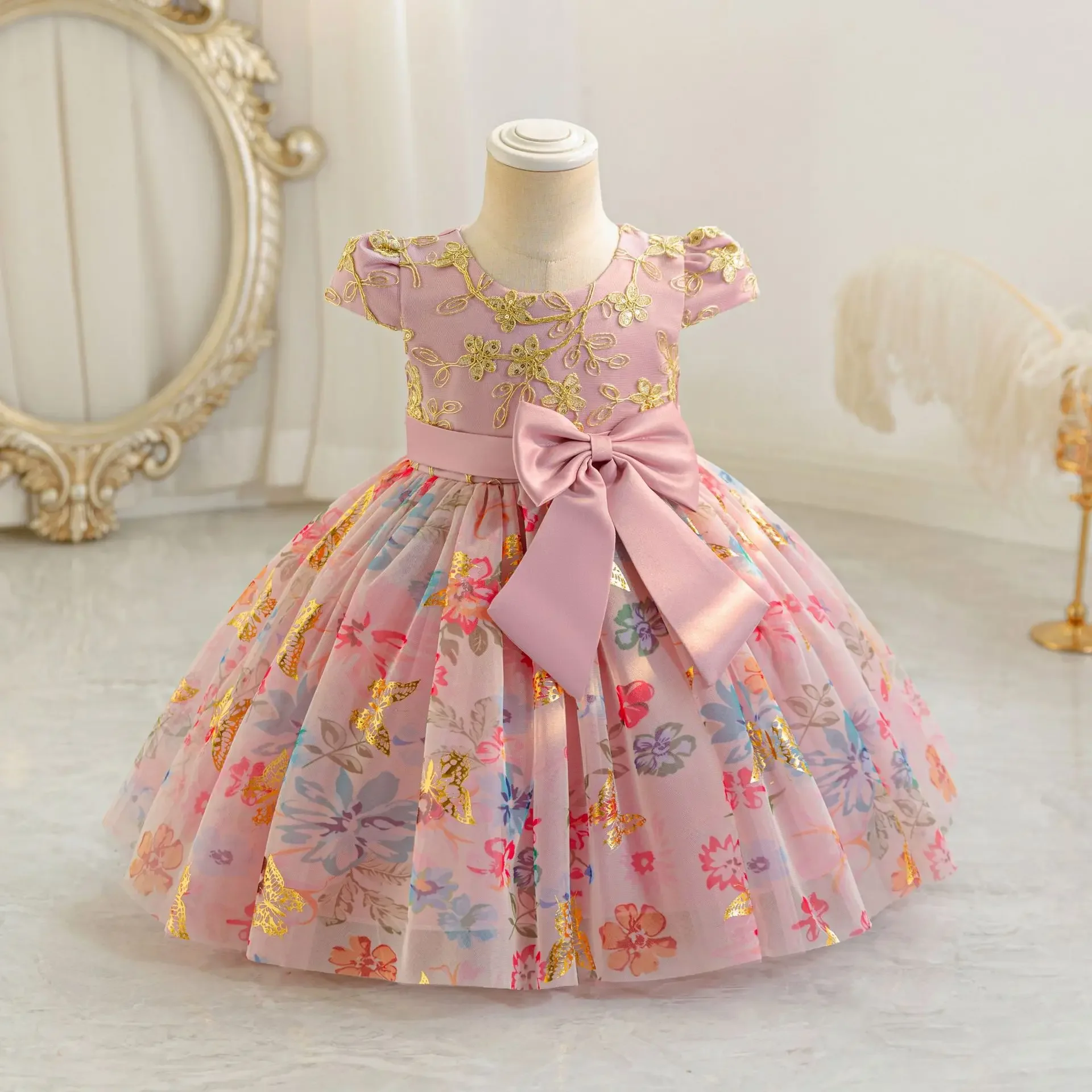 Kids Flower Embroidery Dresses Baby Girl Party Ball Gown Children's Pink Floral Lace Clothing for 1-5 Years