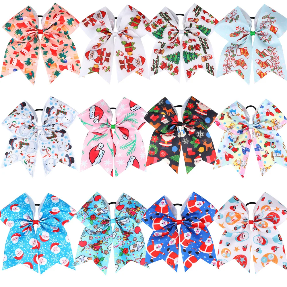 Christmas Hair Bow Elastic Hair Bands Ties Large Dovetail Women Girls  Xmas Cheerleading Student Bobbles Bowknot Headwear 10pcs