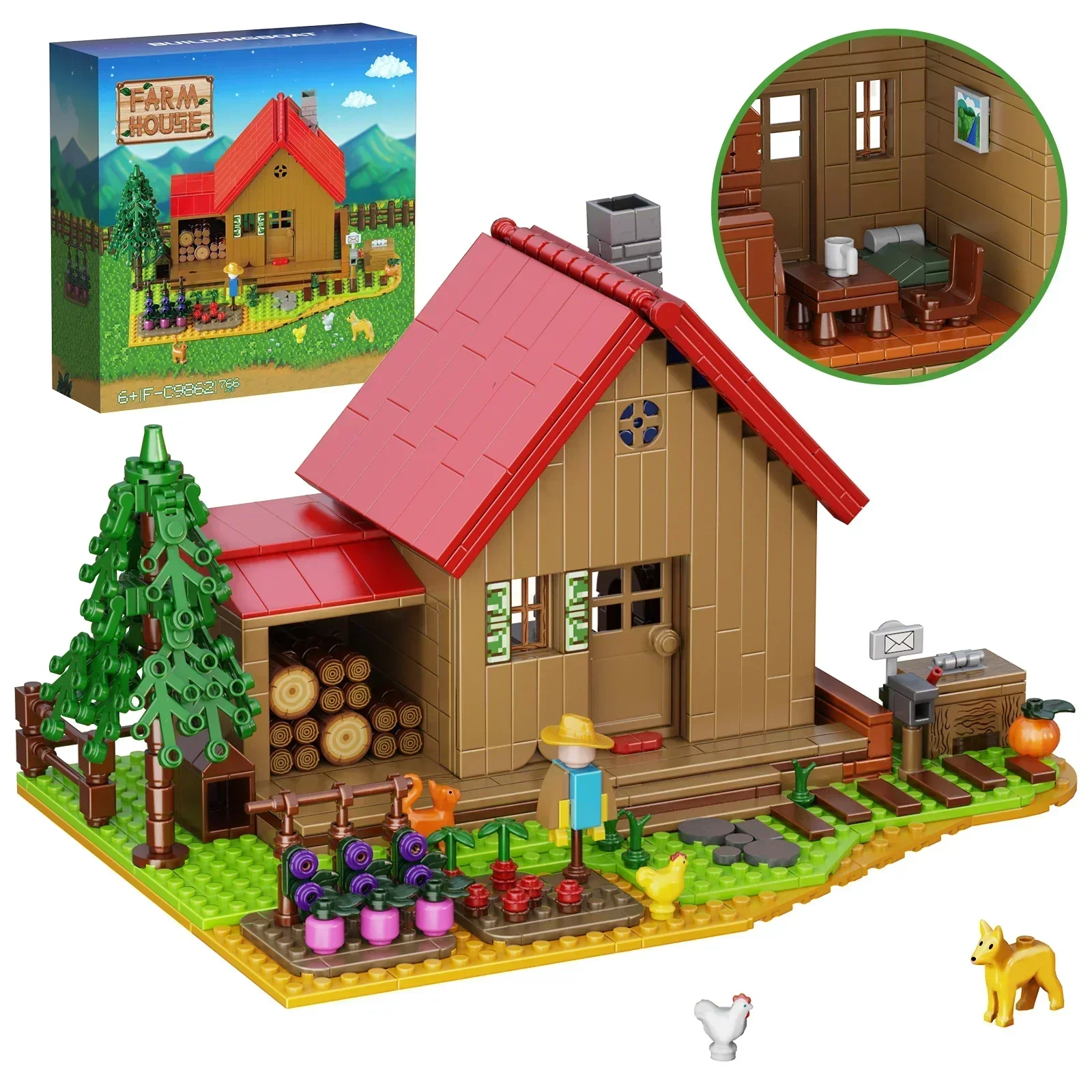 Juego de bloques de construcción MOC Ideas para niños, casa de granja del valle estrellado, perro, animales, árboles, plantas, rompecabezas DIY, juguetes para niños, regalo, 766 piezas