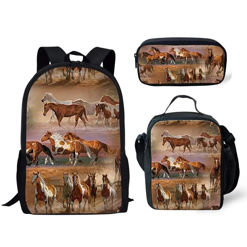Trendy Youthful Tribal Colored Horses 3D Print 3pcs/Set Student Travel bags Laptop Daypack Backpack Lunch Bag Pencil Case