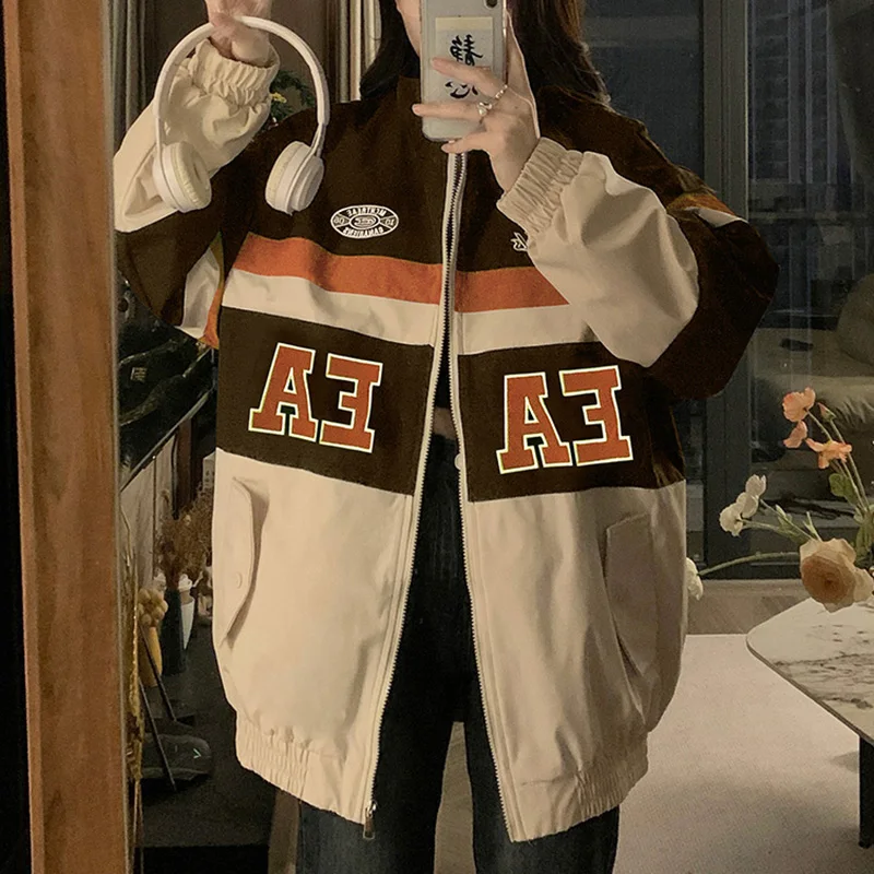 Women Oversize Jacket American Retro Casual High Street Loose Baseball Uniform Female Autumn Winter Letter Patchwork Outwear