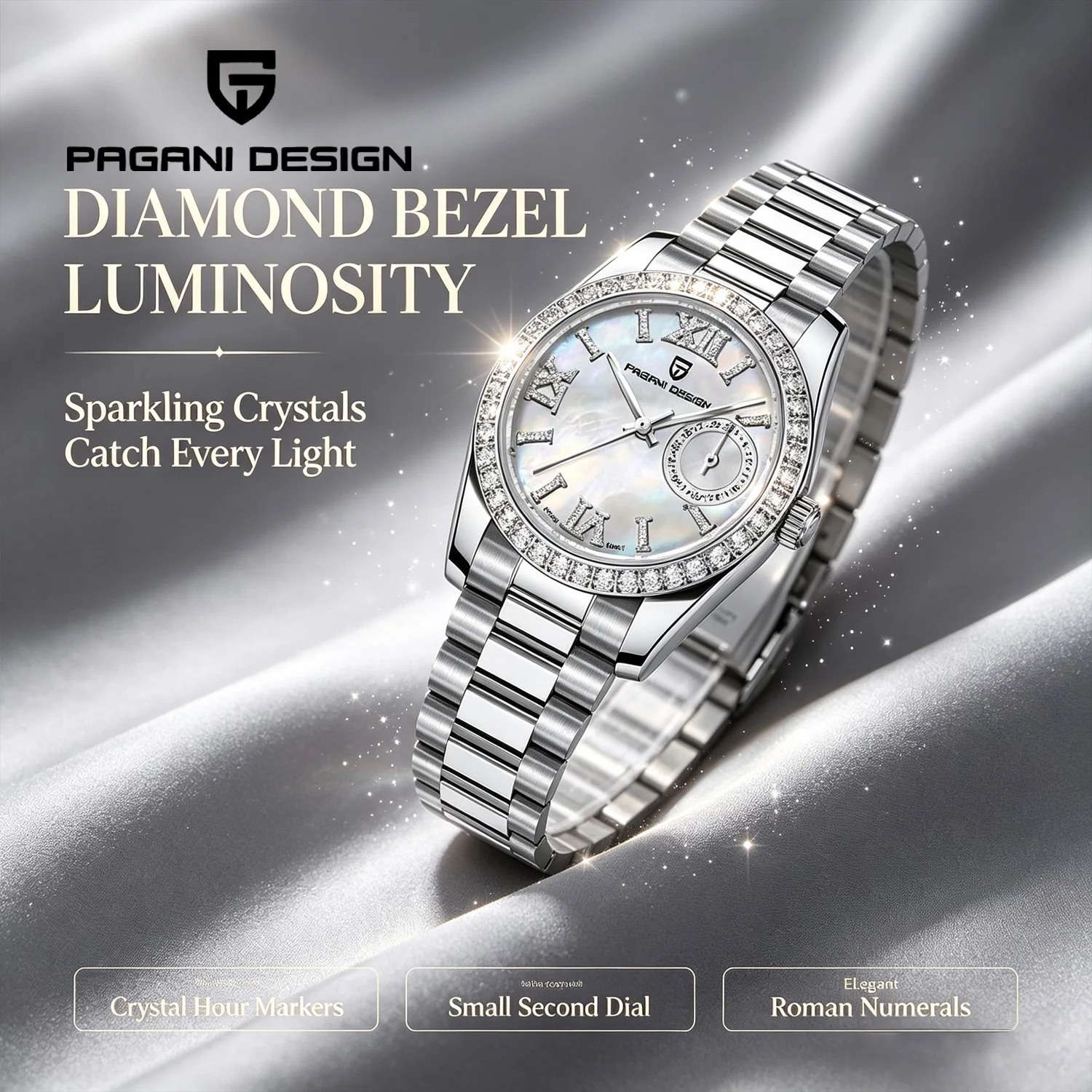 PAGANI DESIGN Women's New Quartz Watch Diamond Bezel Top Sapphire Stainless Steel Luxury Elegant Women's Dress Watch+Gift