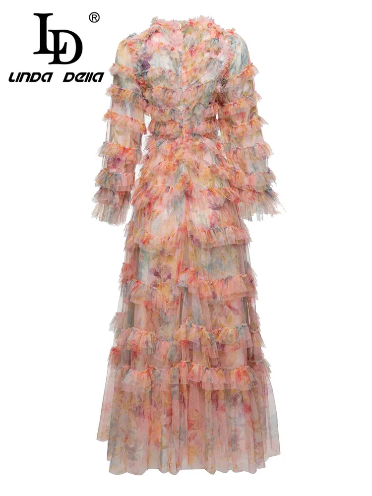 LD LINDA DELLA New Style  Extravagant Party Vintage Dress Women's Round Neck Flower Color High Waist Print Splice Lace Dress