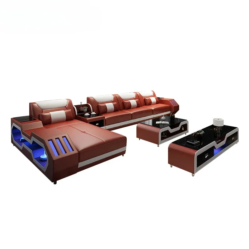 Factory direct sales Luxury couch sofa furniture set Modern Living room sofas with LED light Stylish Genuine Leather sofa