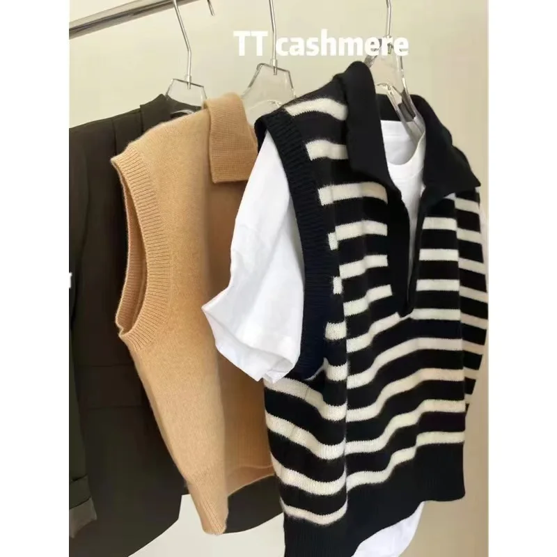 Retro stripe POLO lapel wool vest women fall and winter lazy sleeveless sweater with loose jacket