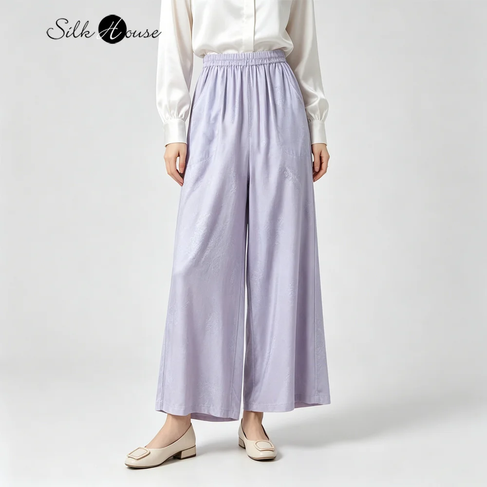 

2026 Women's Casual Summer New 100% Natural Mulberry Silk Light Brown Peony Jacquard Elastic Waist Wide Leg Pants