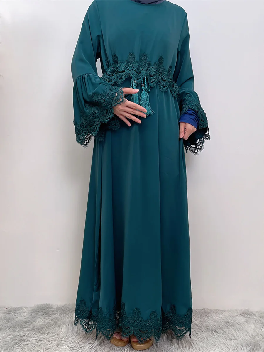 Muslim Middle East fashion casual elegant women\'s dress Arab Dubai Turkish women\'s lace dress Islamic patchwork robe dress