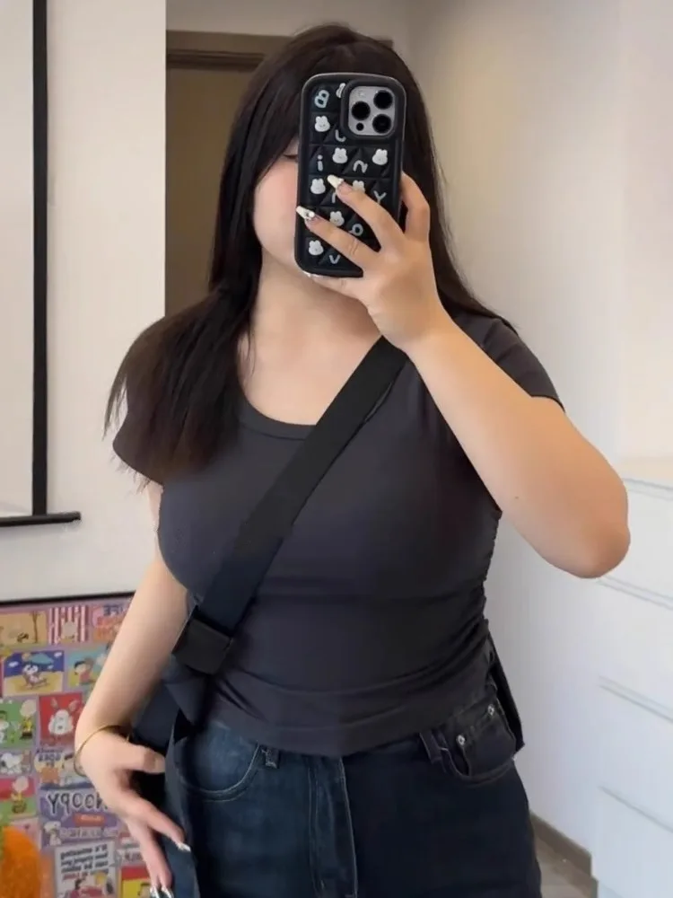 

plus Size Grey Casual Versatile U-Neck Short Sleeve Slim Fit Inner Wear Top Spring Shoulder Width Regular Length T-Shirt