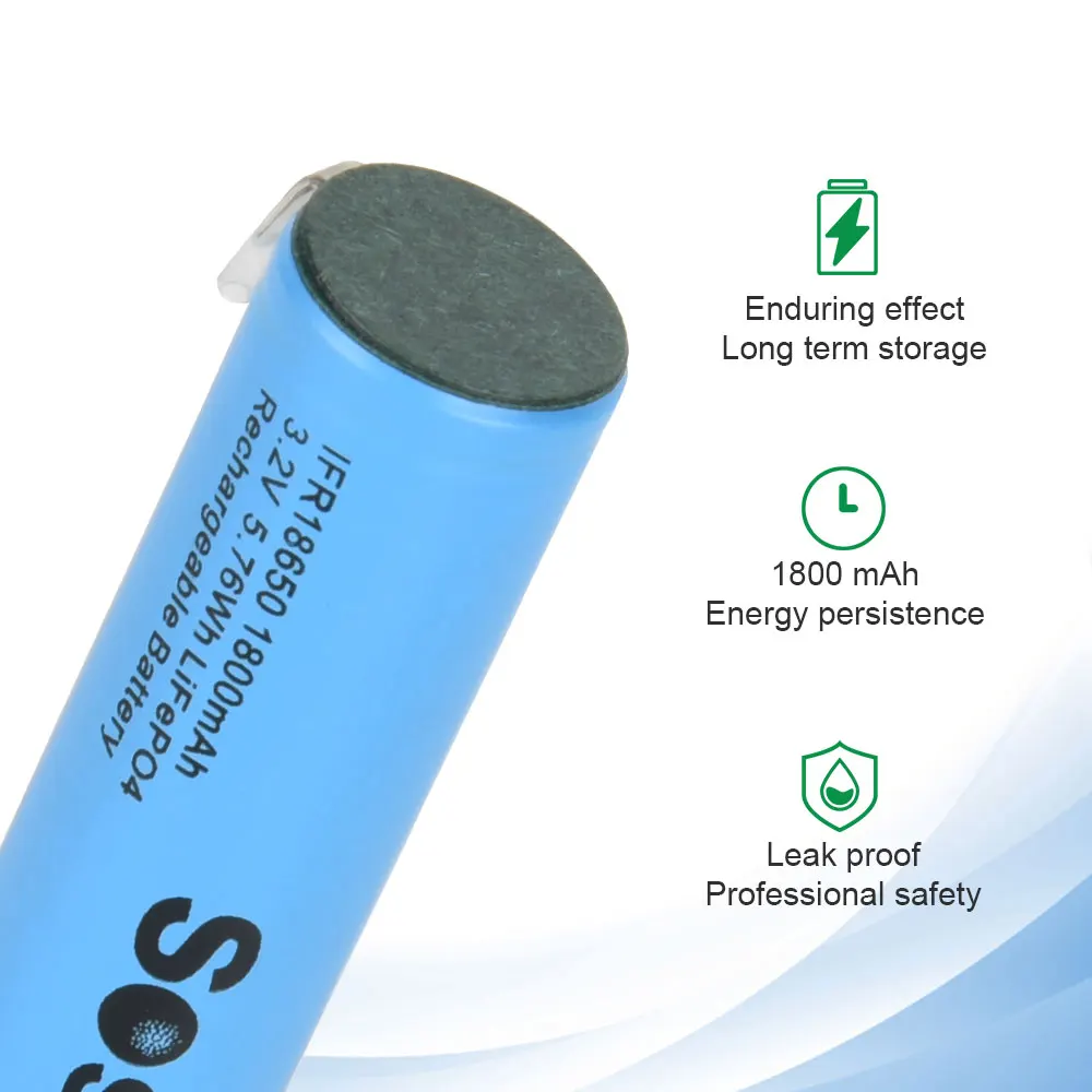 Soshine 18650 1800mAh LiFePo4 Battery with Welding Tabs 3.2V 18650 Rechargeable Battery High quality 1800mAh LiFePo4 Batteries