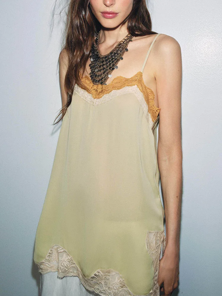 

Sexy round Neck Color Block Lace Strap Top Women's New Arrival Summer Fashion Commuting Clothing Ethnic Stage Costume