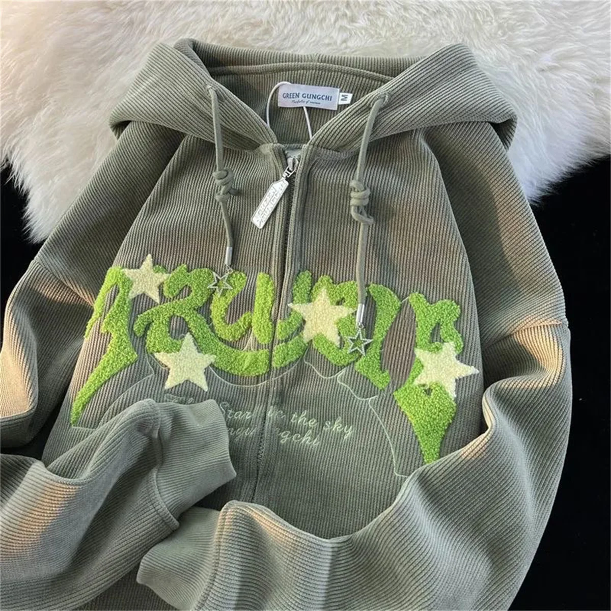 Women Y2K Embroidery Retro Hoodies Autumn Winter Corduroy Zip Up Hoodie Long Sleeve Fashion Loose Graphic Sweatshirt Casual Coat