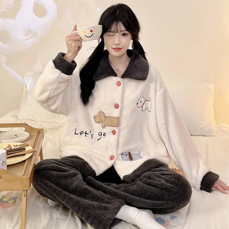 

Утолщенная одежда для сна из кораллового флиса, женская домашняя одежда в корейском стиле, зимние плюшевые наряды, мягкий фланелевой кардиган, брюки, пижамный комплект