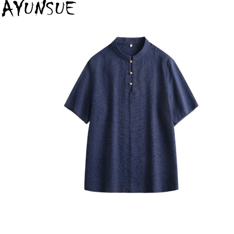 

AYUNSUE 81% Cotton 19% Linen Shirts for Men Summer Top 2026 Fashion Pullover Short Sleeve Shirt Man Stand Collar Casual Shirt