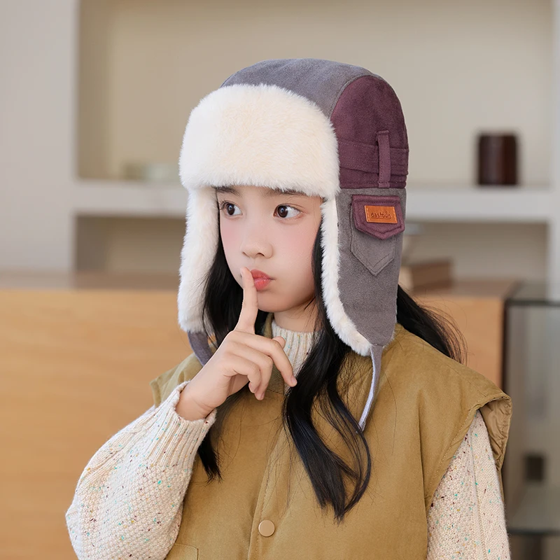 

Boys Girls Winter Thick Warm Bomber Hats Suede Wool Kids Bomber Caps Ear Face Warm Color Matching Winter Hats