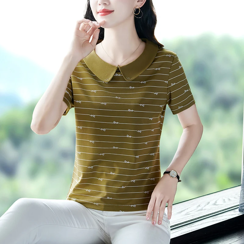 Aesthetic Women Roll Collar POLO Short Sleeve T-shirts Fashion Clothing Trend Anti-Pilling Ladies Tops Doll Collar Age Reduction