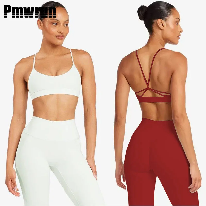 

PMWRUN Women's Yoga Set Thin Strap Cross Back Bra High Waisted Leggings Soft Stretchy Quick Dry For Gym Yoga Pilates Daily Wear