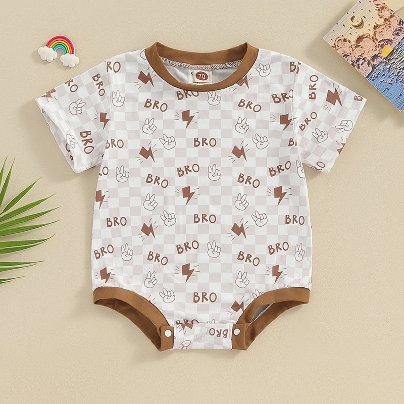 

Baby Boy Summer Rompers Short Sleeve Round Neck Checkerboard Print Bodysuits Newborn Playsuits