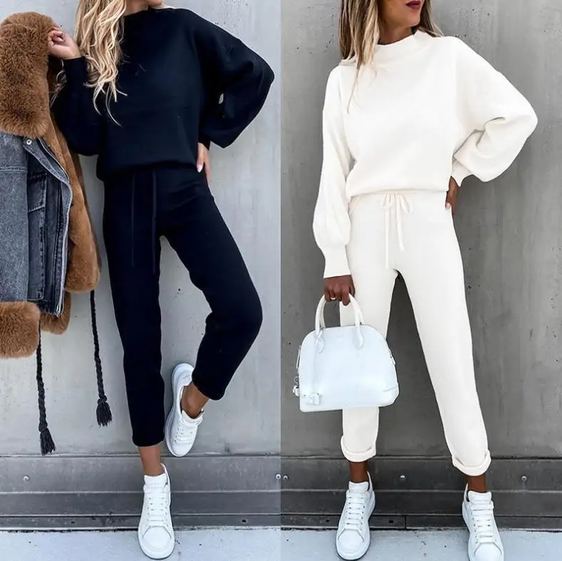 

Solid Pant Sets Drawstring Straight Trousers Women Turtleneck Hoodies Tracksuit Two Pieces Casual Autumn Loose Pockets