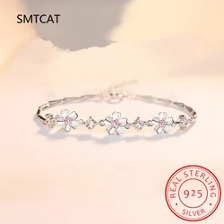 925 Sterling Silver Sweet Bracelet Pink Zircon Sakura Flower Charm Bracelets For Women INS Tennis Chain Jewelry Pulseiras
