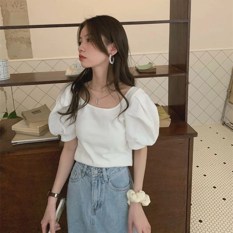 MEXZT Vintage White Blouses Women Backless Puff Sleeve Shirts Summer Korean Elegant Bow Bandage Slim Casual Simple All Match Top