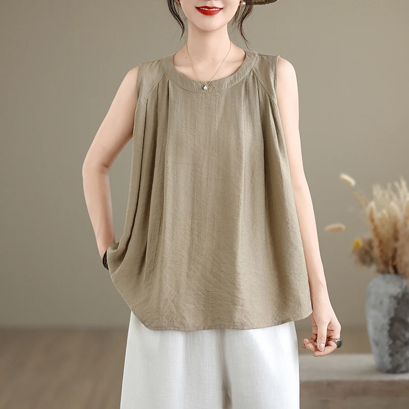 New Summer Textured Linen Loose Vest Cotton Linen Women's Faion Pleated Svel Top T-irt Small irt Original Design