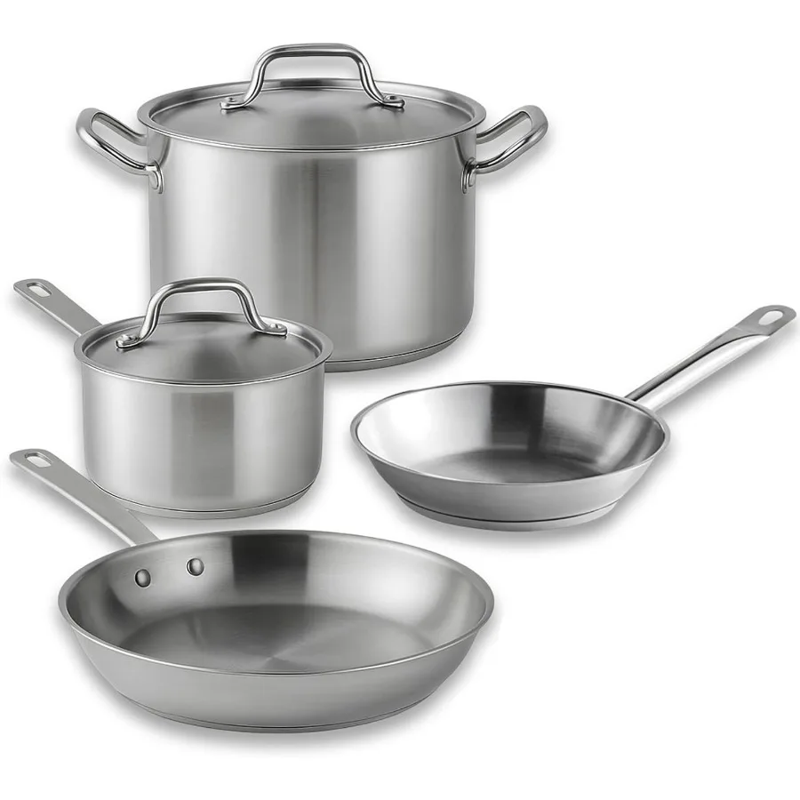 

Stainless Steel Pots and Pans Set for Induction Cooktops WholeClad TriPly Construction with 8 and 12 Frying Pans 4 Qt Saucepan