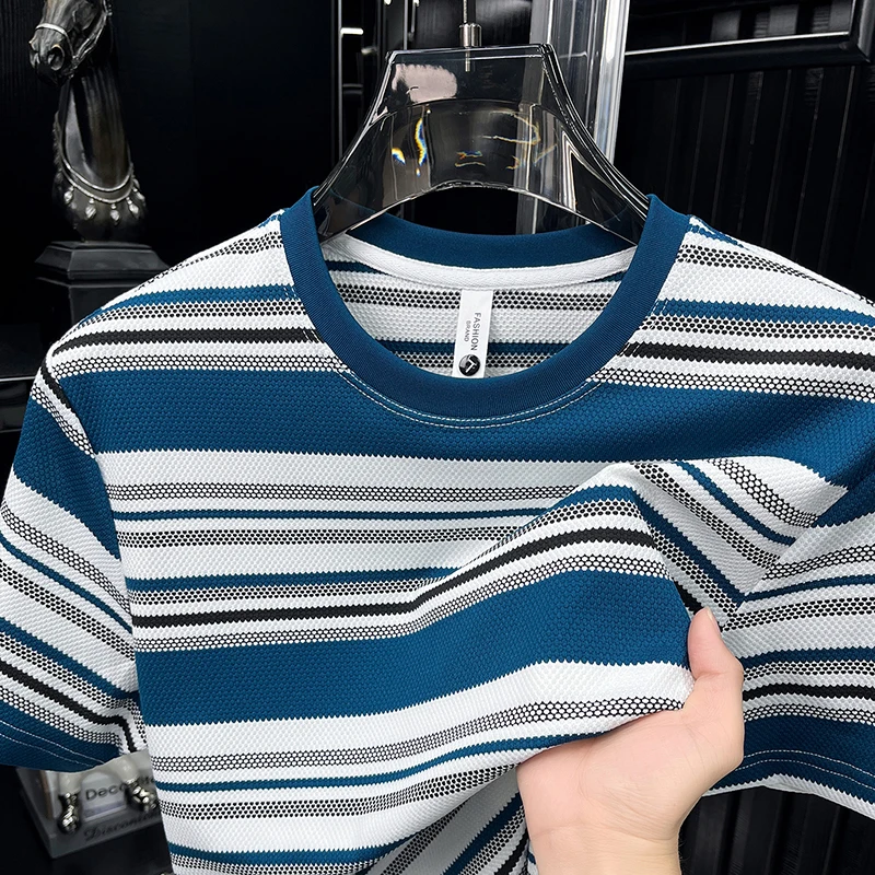 

American Vintage Loose Striped Short-sleeve T-shirt for Men, Sports Casual, Versatile Youth Top, Trendy Brand, Crew Neck