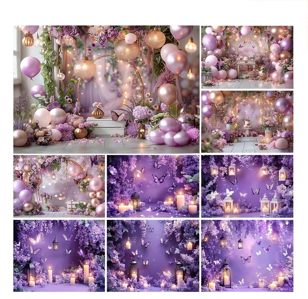 

Photography Background Spring Floral Balloon Purple Butterfly Decor Cake Smash Baby Shower Kids Portrait Backdrop Photo Studio
