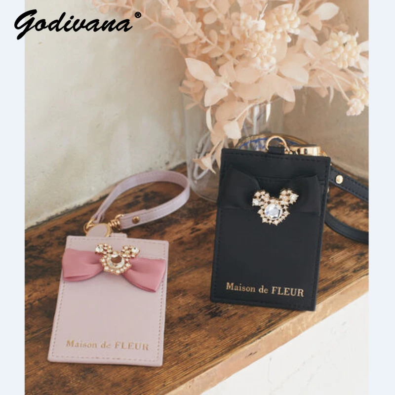 

Japanese Style New Cute Rhinestone Metal Chain Bowknot Pencil Case Students Women's Leather Card Holder Bow Hanging Pendants