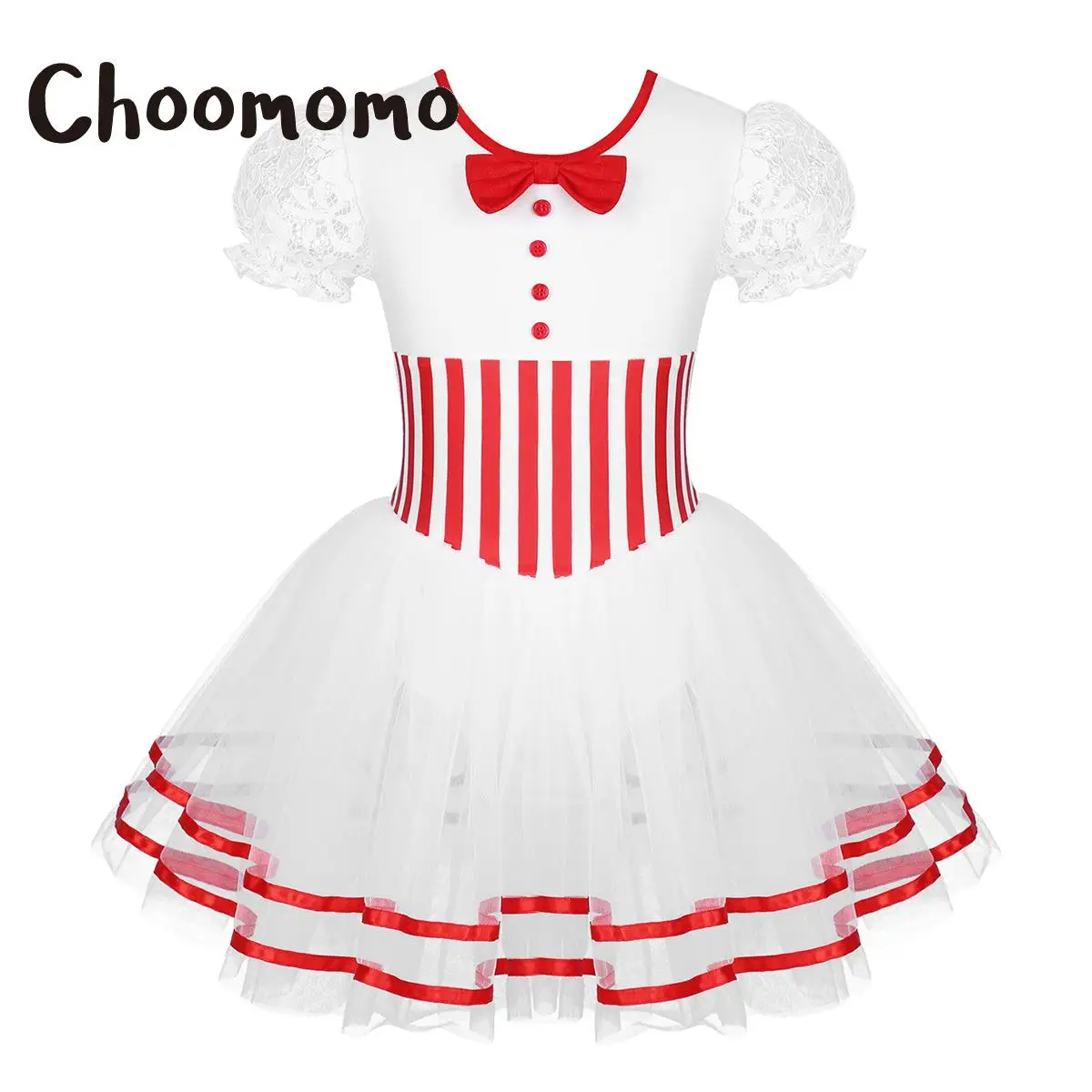 

Girls Christmas Ballet Dance Tutu Dress Lace Puff Sleeves Stripe Print Bow Mesh Figure Skating Gymnastic Leotard Candy Can Dress