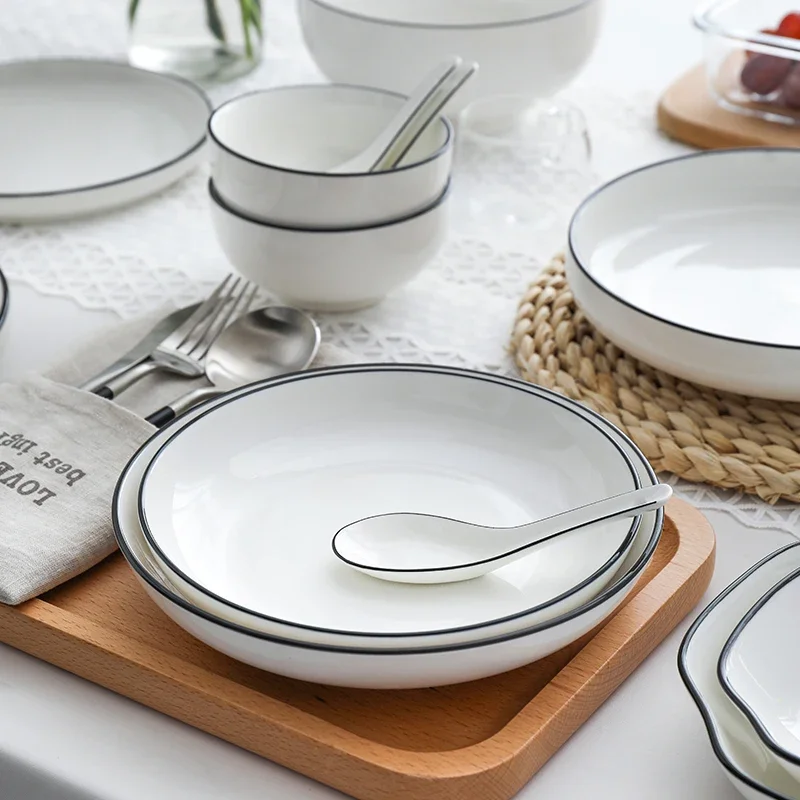 White With Black Dinner Plate Set Ceramic Serving Tray Food Dishes Rice Salad Noodles Bowl Soup Kitchen Dinnerware