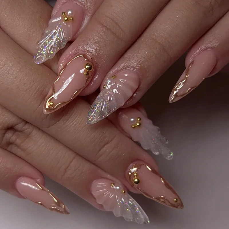 

24PCS 3D Shell Almond Press on Nails Glitter Golden French Nail Art with Sweet Flower Designs Fake Nails for Women Wearable Tips