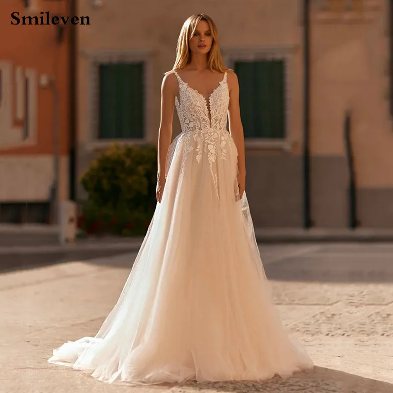 

Smileven Spaghetti Strap Lace Wedding Dress A Line Sleeveless Bride Dresses Elegant Wedding Gowns Vestido de novia Customized