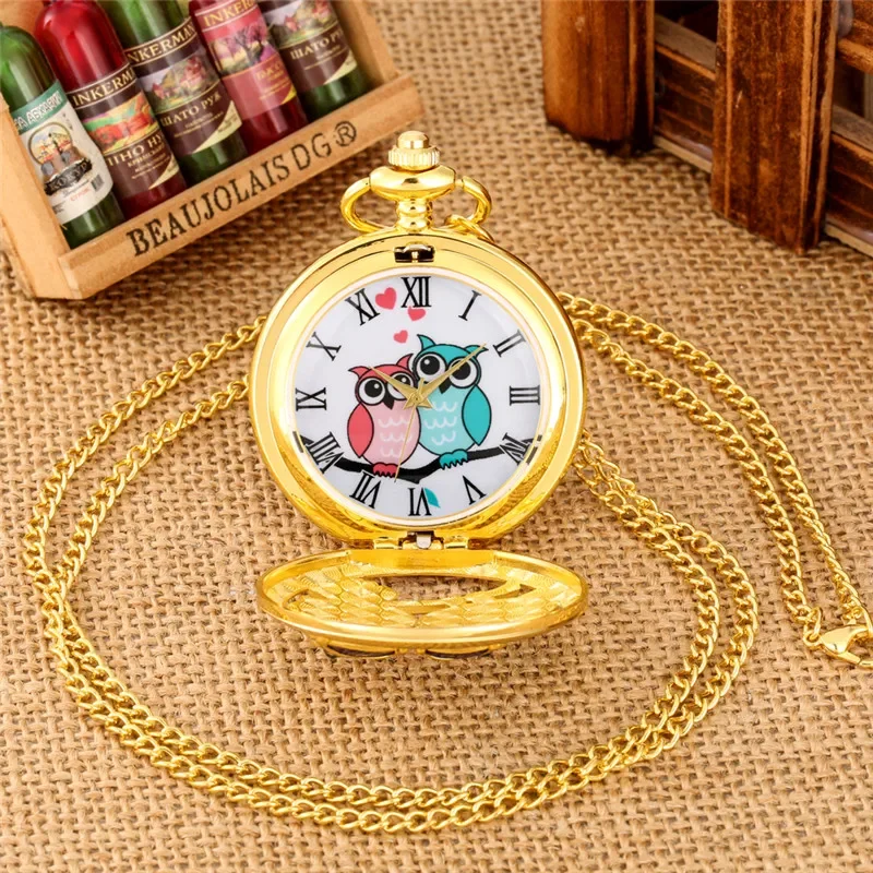 Luxury Yellow Gold Hollow Out Night Owl Design Unisex Quartz Analog Pocket Watch with Sweater Fob Chain Collectable Gift Reloj