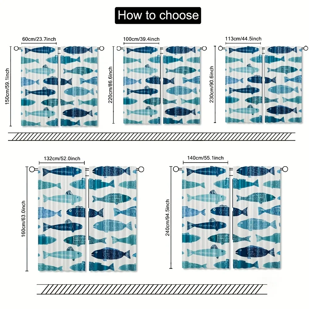 Hand-painted fish pattern in Nordic blues Print Drapes Room Darkening Window Curtains Home Decor,Rod Pocket Blackout Curtains