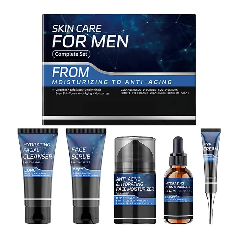 Set de cuidado facial para hombre, Control de aceite, cuidado Facial para hombre con limpiador, aceite exfoliante, crema hidratante para ojos para hidratación profunda