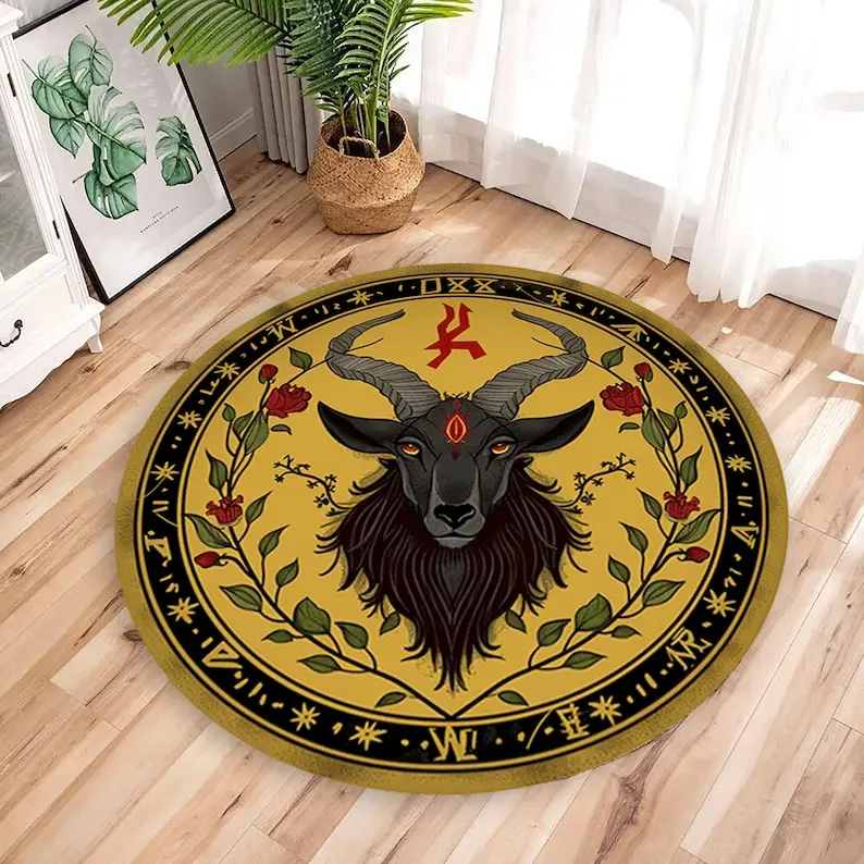 Baphomet Pentagram Goat Round Rug, Satanic Decor Mat with Occult Symbolism,Bold Statement Floor Carpet for Altar or Gothic Theme
