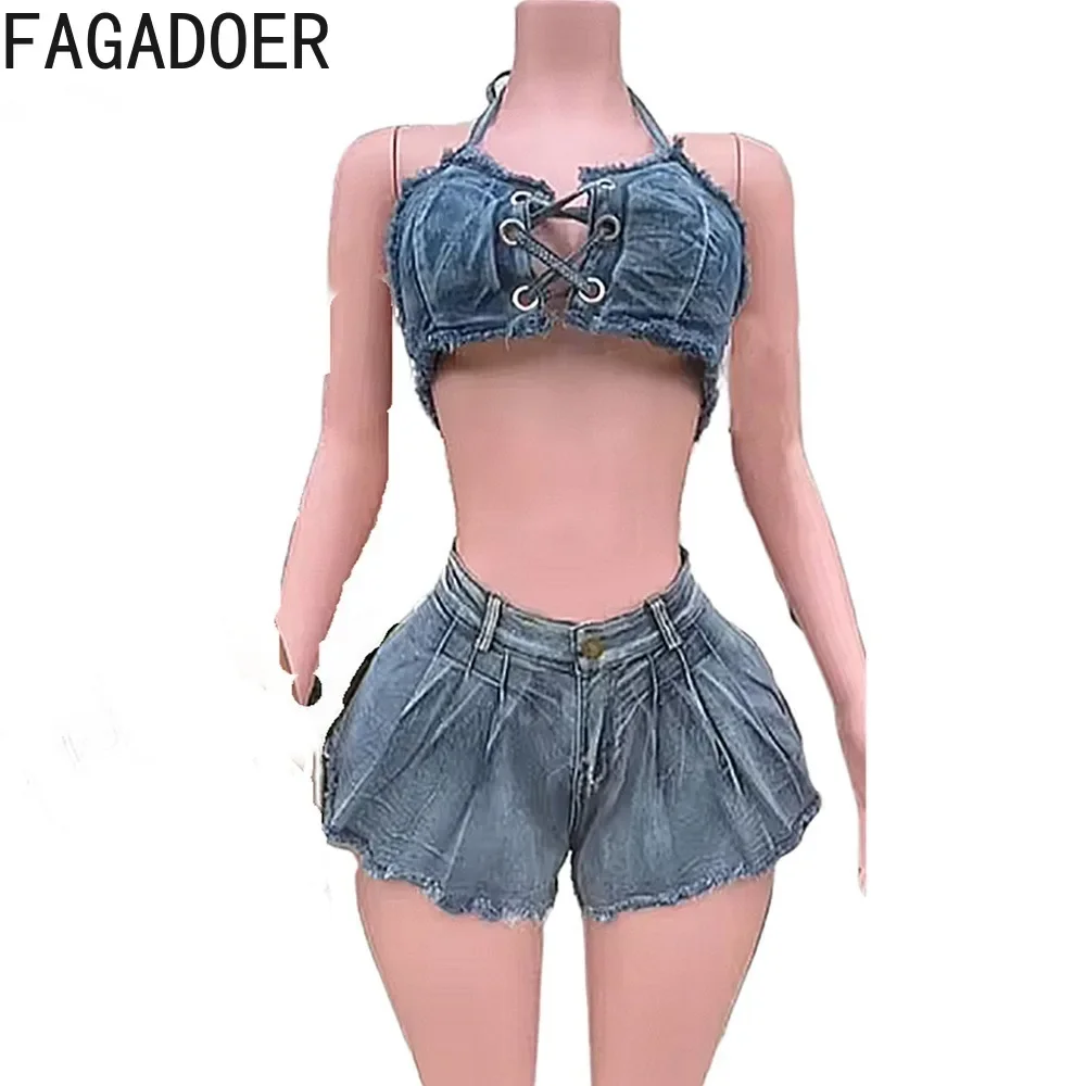 FAGADOER Denim Fashion Hollow Pleated Shorts Two Piece Sets For Women Halter Lace Up Slim Crop Top And Shorts Jean Outfits 2024