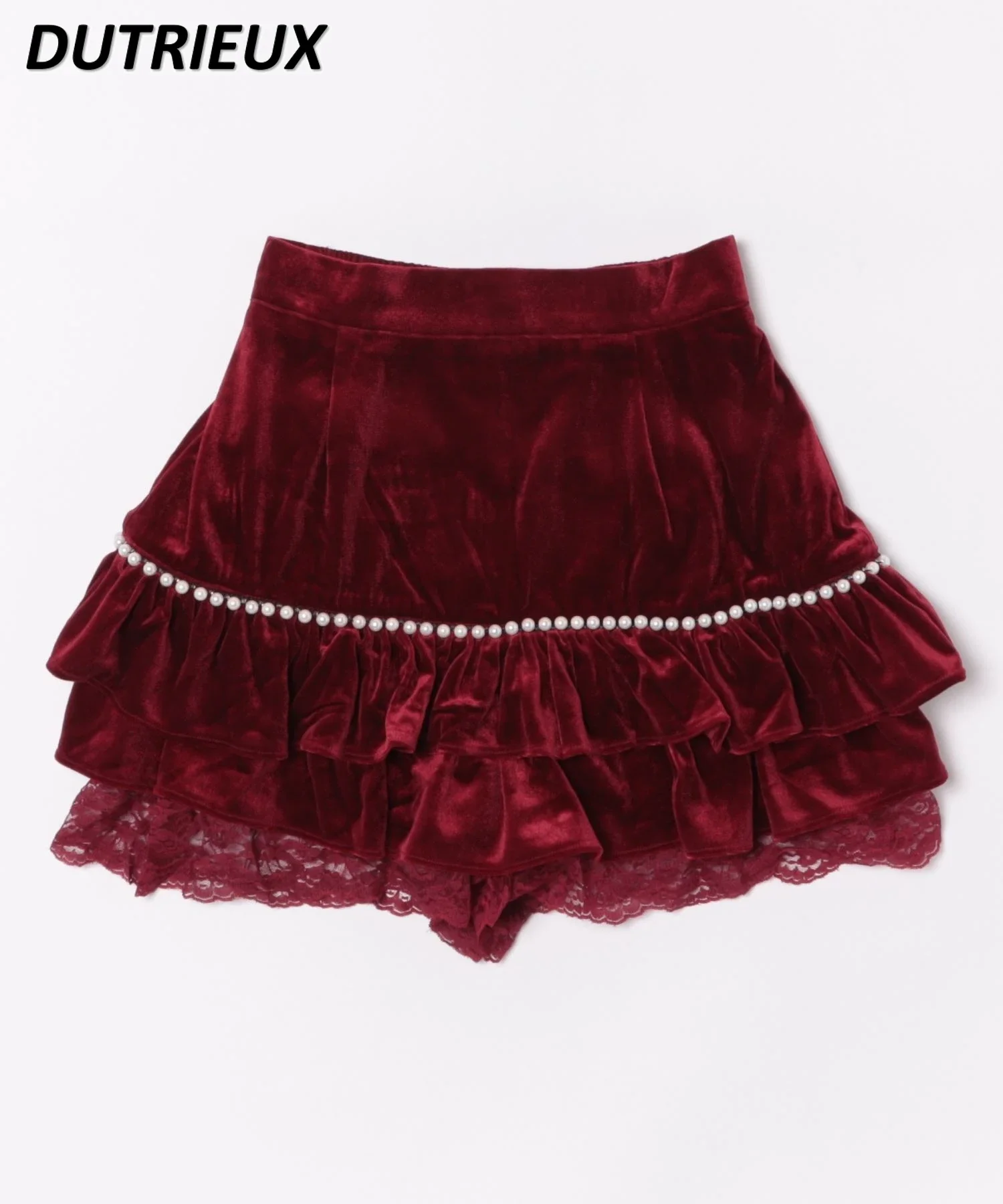 Japanese Sweet and Cute Girls Golden Velvet Fabric Pearl Lace Mini Skirt High Waist Solid Color Versatile Short Skirts