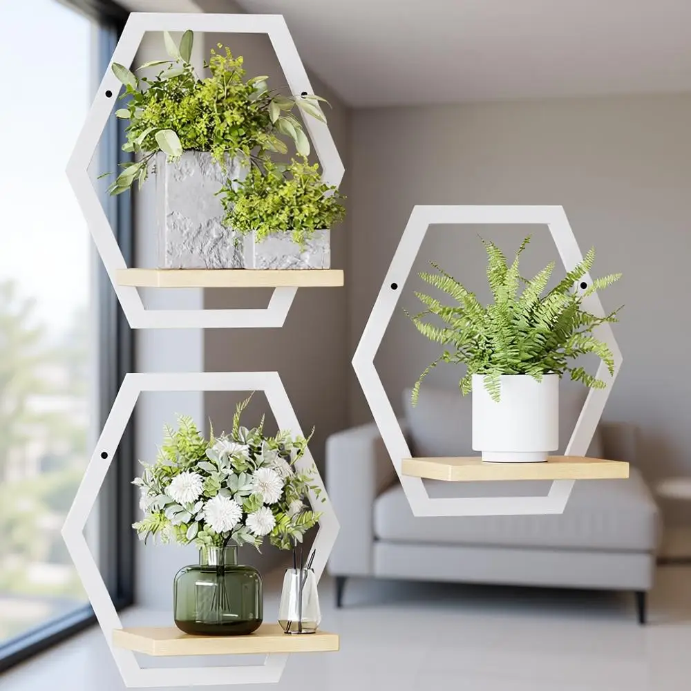 

Set of 3 Indoor Wall Plant Stands, 9 Metal with Solid Wood Ledge, for Home Decor and Organization