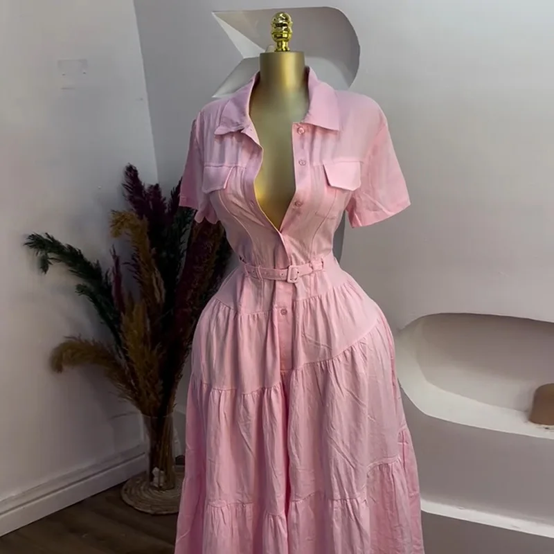 Damenkleider 2026, Sommer, neue Mode, Umlegekragen, kurzärmelig, Schnallenbund, lässig, A-Linie, Hemd, langes Kleid