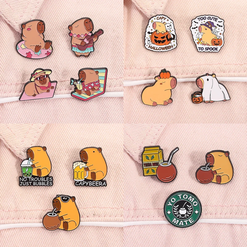 3-5pcs/set Cartoon Capybara Collection Enamel Pins Cute Hippopotamus Hippo Brooches Lapel Badge Animal Jewelry Gifts For Friends